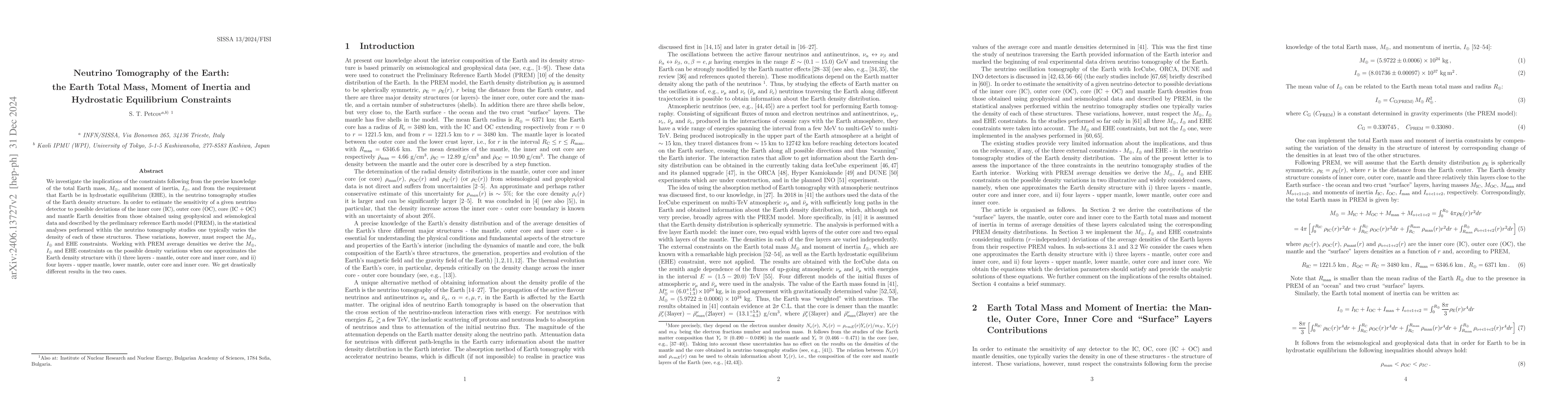 Thumbnail for Neutrino Tomography of the Earth: the Earth Total Mass, Moment of
  Inertia and Hydrostatic Equilibrium Constraints