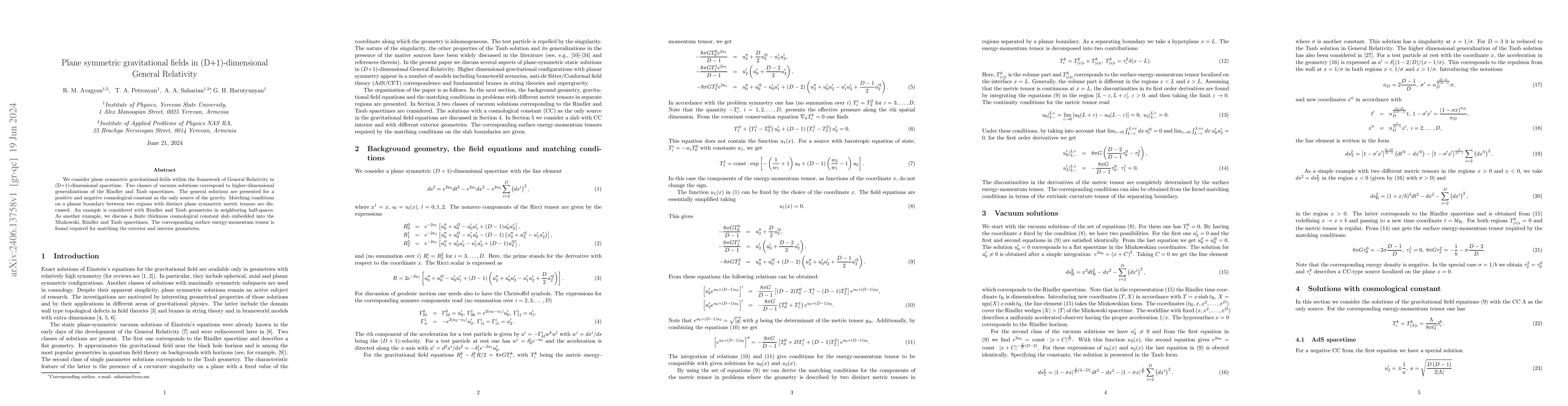 Thumbnail for Plane symmetric gravitational fields in (D+1)-dimensional General
  Relativity