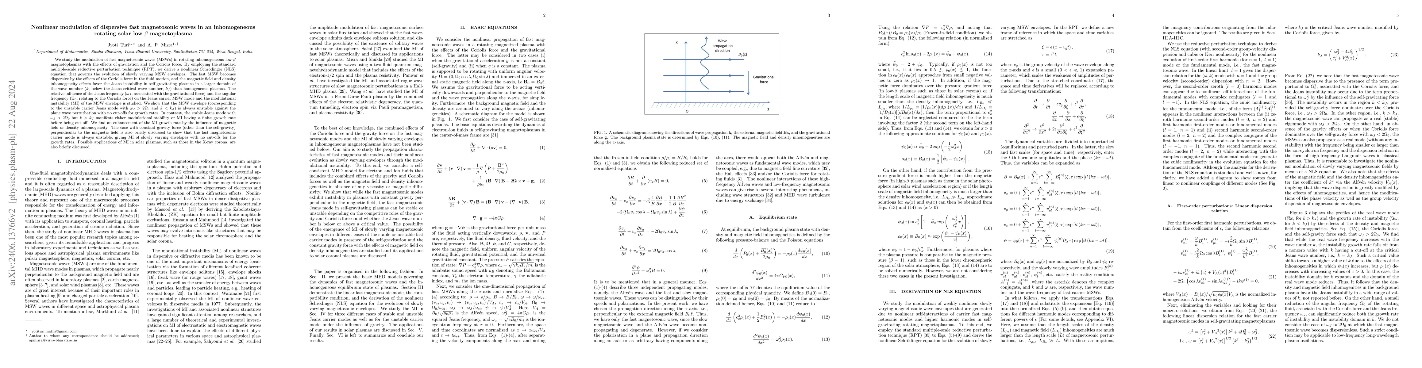 Thumbnail for Nonlinear modulation of dispersive fast magnetosonic waves in an
  inhomogeneous rotating solar low-$\beta$ magnetoplasma