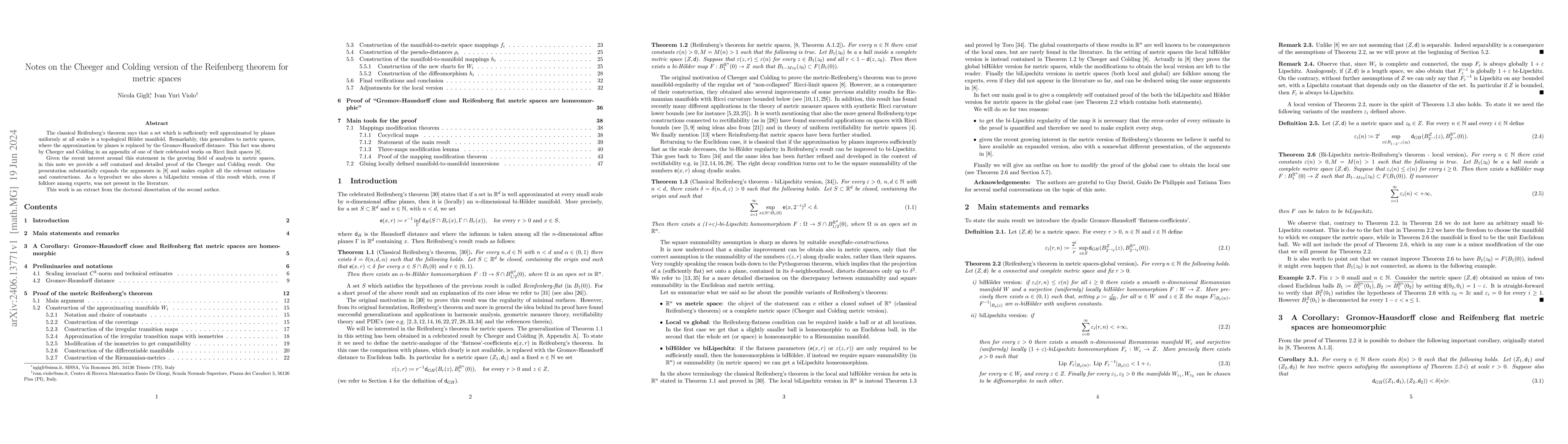 Thumbnail for Notes on the Cheeger and Colding version of the Reifenberg theorem for
  metric spaces