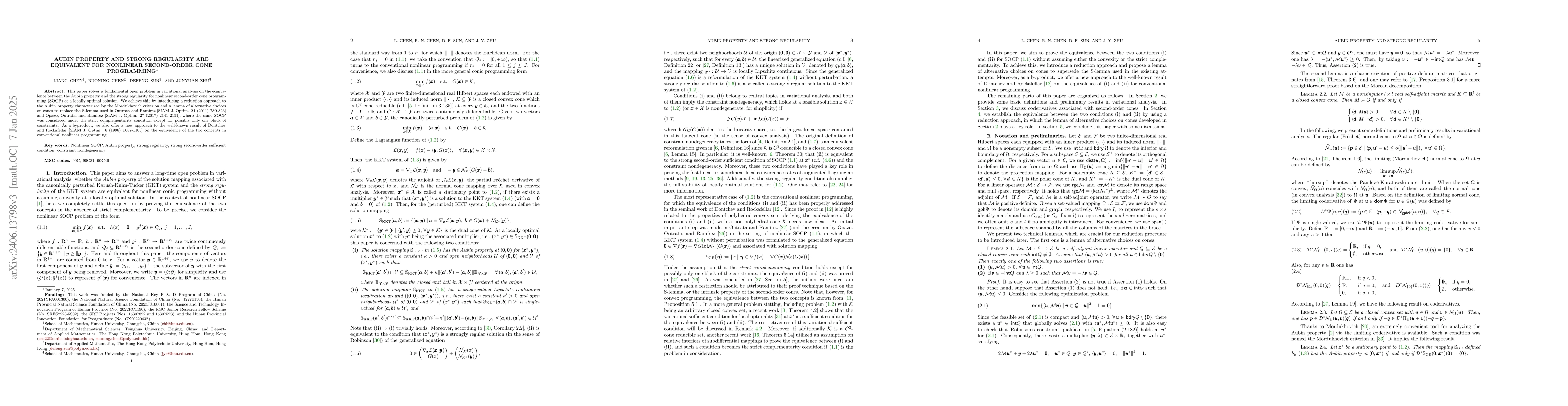 Thumbnail for Aubin Property and Strong Regularity Are Equivalent for Nonlinear
  Second-Order Cone Programming