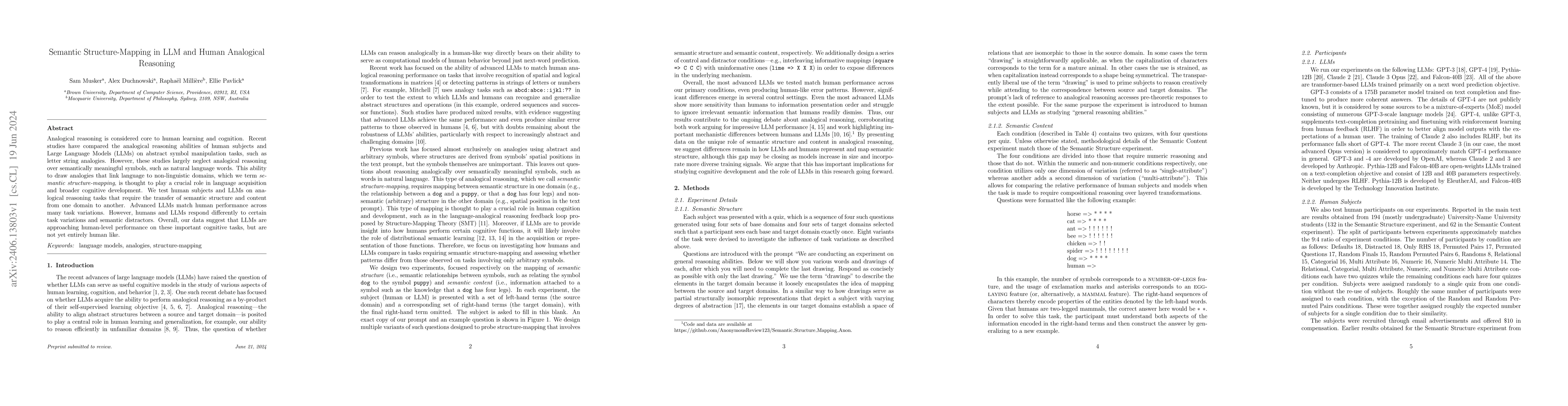 Thumbnail for Semantic Structure-Mapping in LLM and Human Analogical Reasoning