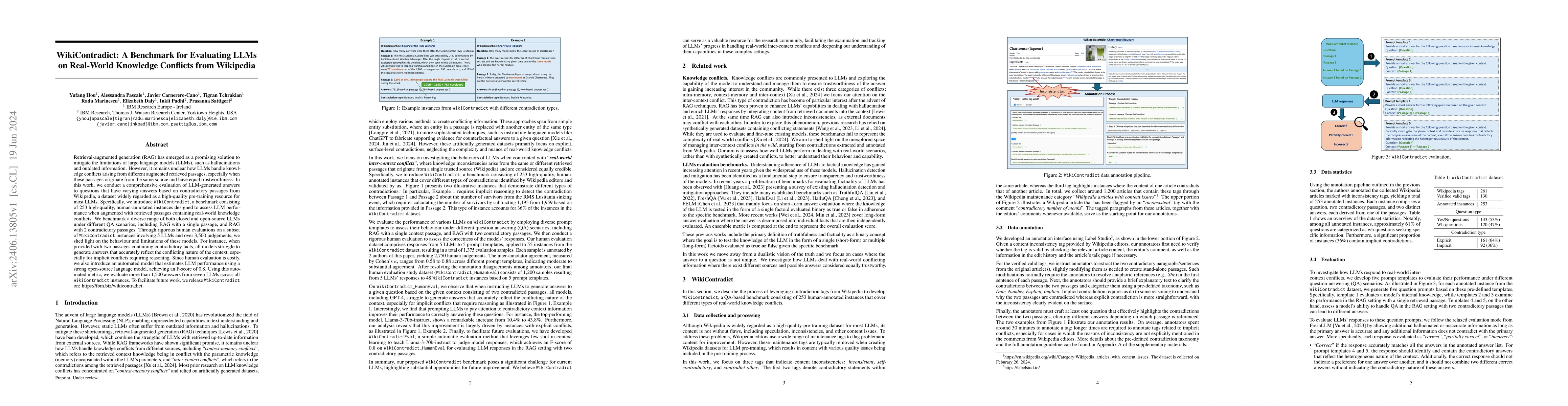 Thumbnail for WikiContradict: A Benchmark for Evaluating LLMs on Real-World Knowledge
  Conflicts from Wikipedia
