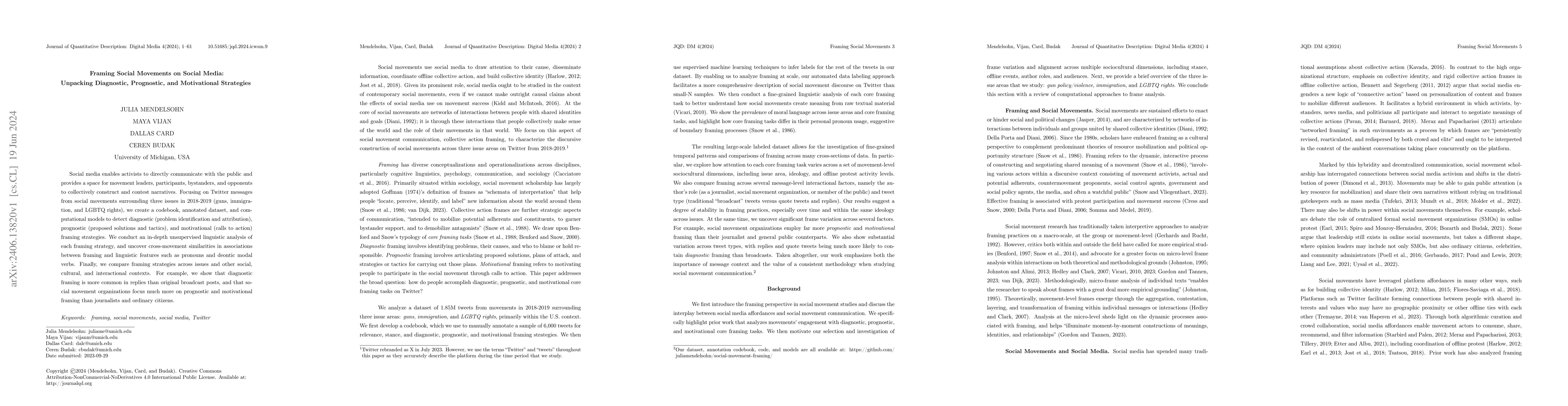 Thumbnail for Framing Social Movements on Social Media: Unpacking Diagnostic,
  Prognostic, and Motivational Strategies