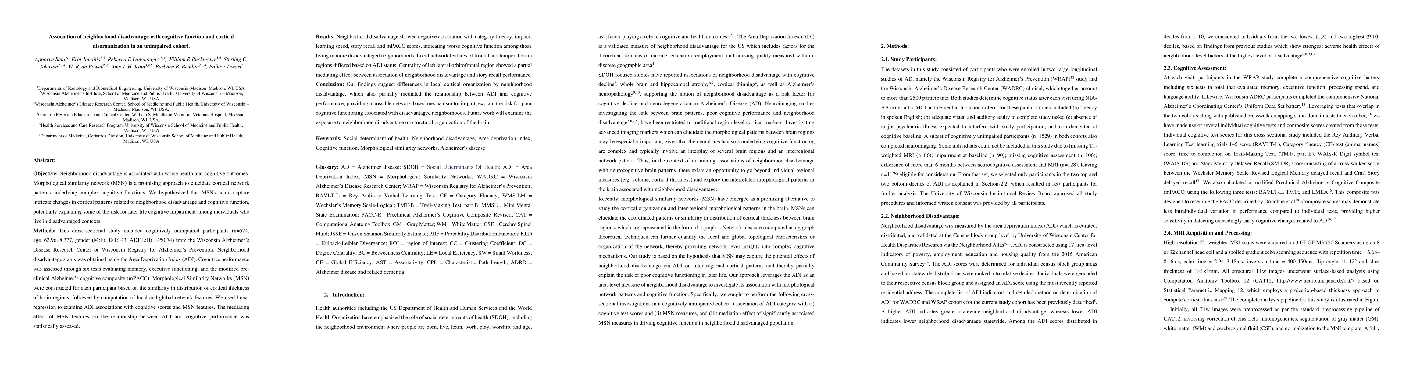 Thumbnail for Association of neighborhood disadvantage with cognitive function and
  cortical disorganization in an unimpaired cohort