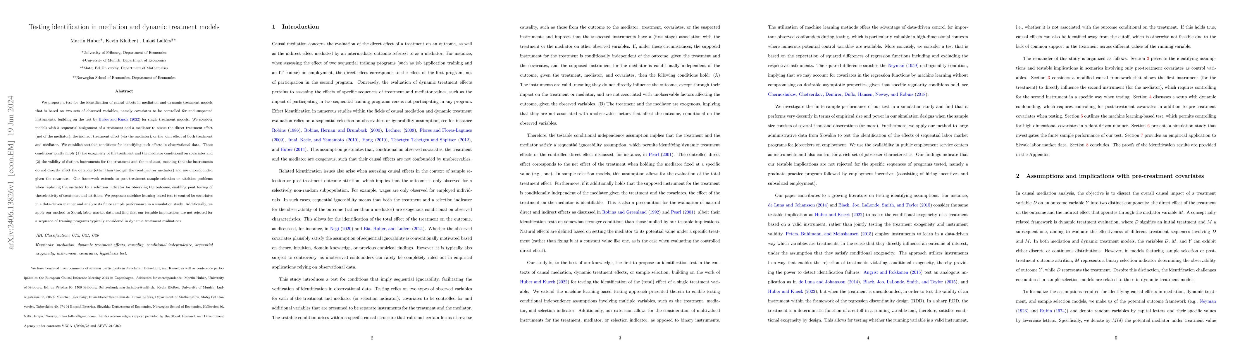 Thumbnail for Testing identification in mediation and dynamic treatment models