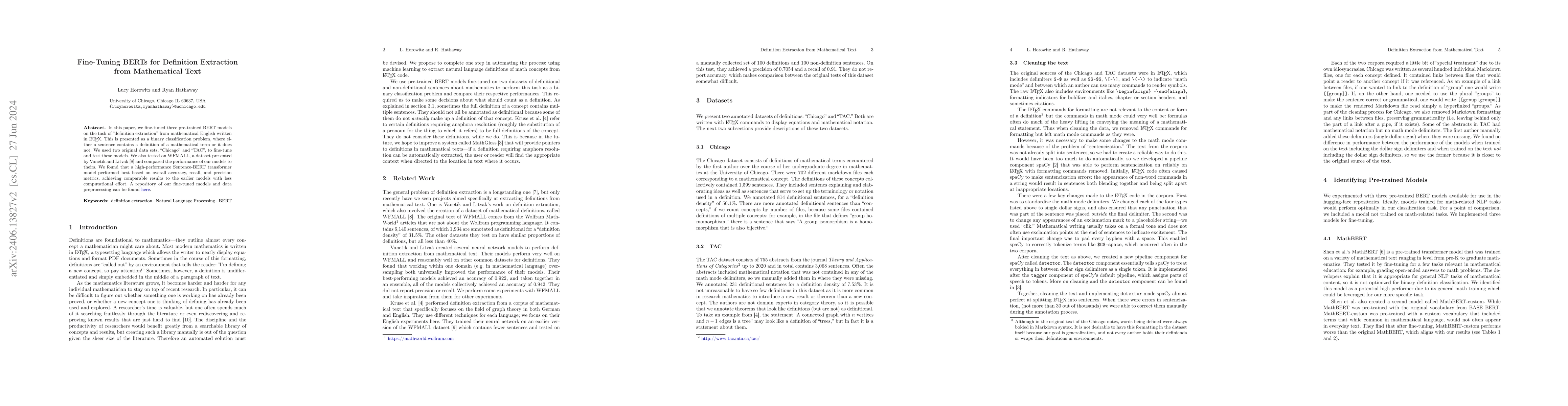 Thumbnail for Fine-Tuning BERTs for Definition Extraction from Mathematical Text