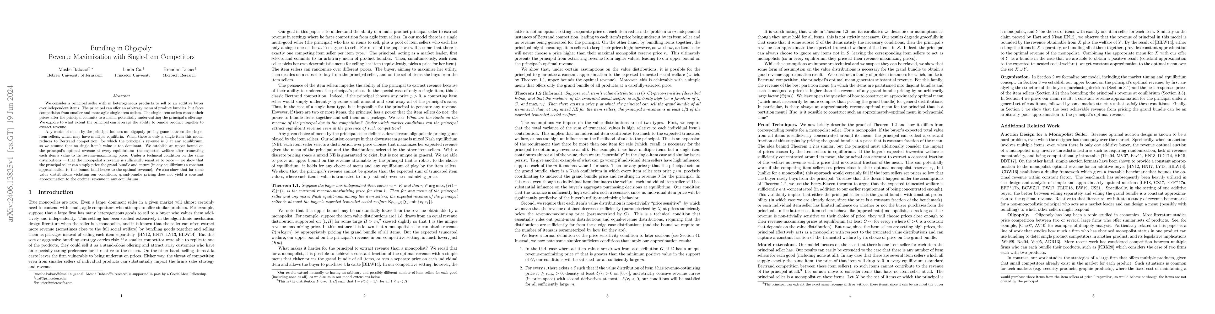 Thumbnail for Bundling in Oligopoly: Revenue Maximization with Single-Item Competitors