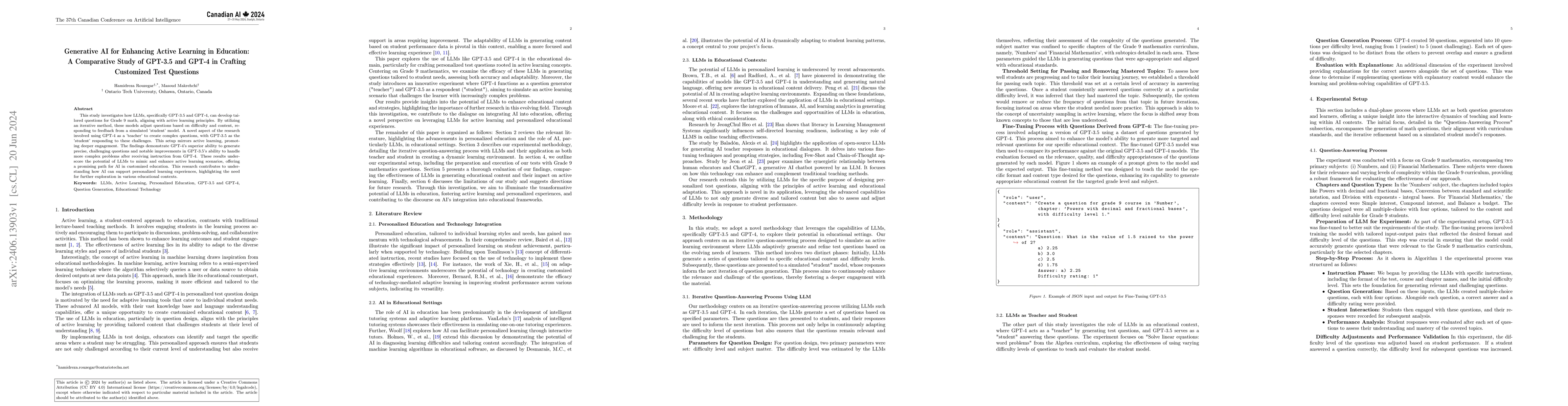 Thumbnail for Generative AI for Enhancing Active Learning in Education: A Comparative
  Study of GPT-3.5 and GPT-4 in Crafting Customized Test Questions