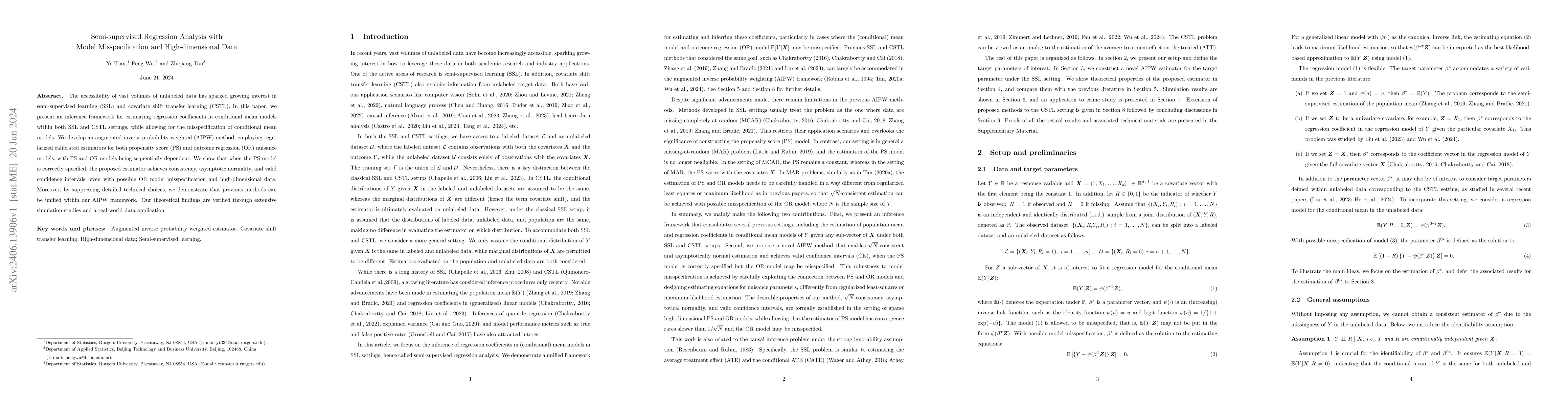 Thumbnail for Semi-supervised Regression Analysis with Model Misspecification and
  High-dimensional Data