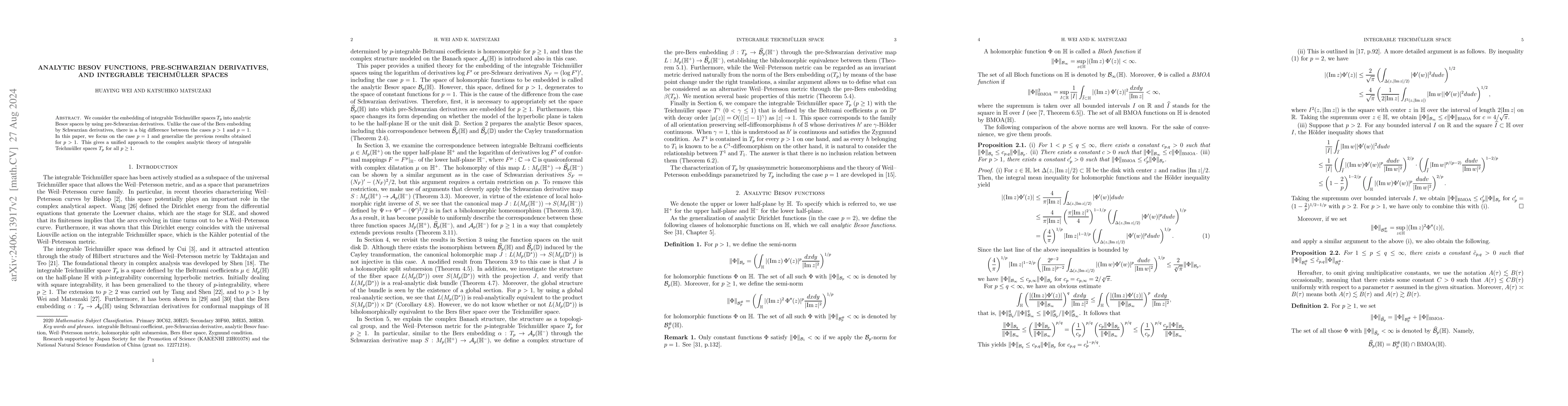 Thumbnail for Analytic Besov functions, pre-Schwarzian derivatives, and integrable
  Teichm\"uller spaces