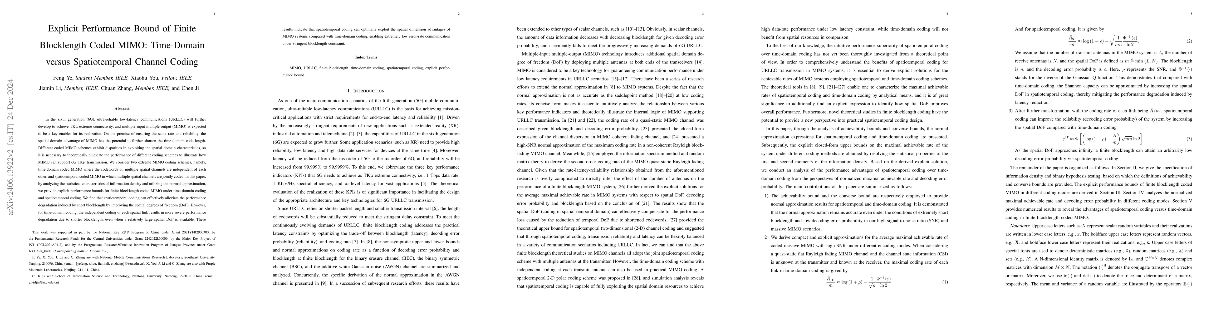 Thumbnail for Explicit Performance Bound of Finite Blocklength Coded MIMO: Time-Domain
  versus Spatiotemporal Channel Coding