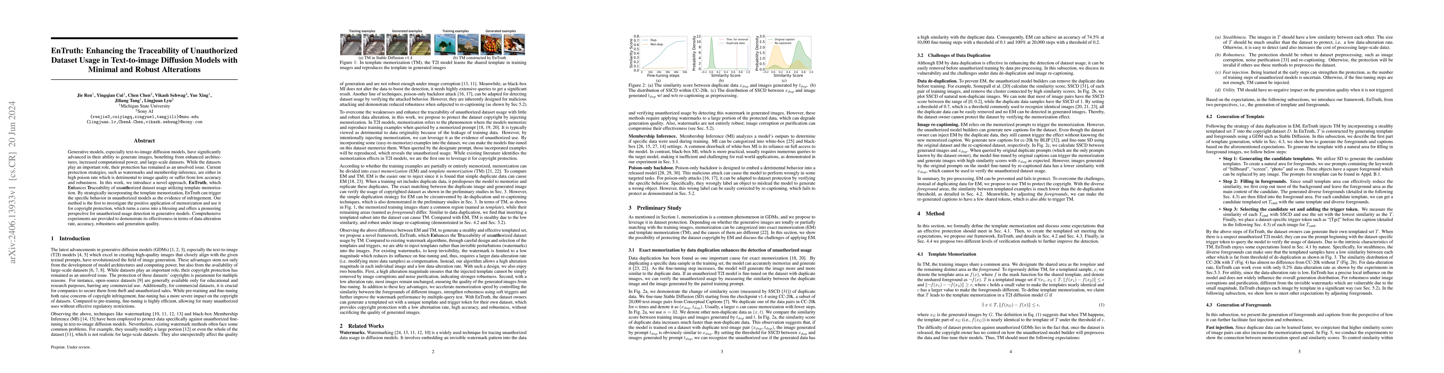 Thumbnail for EnTruth: Enhancing the Traceability of Unauthorized Dataset Usage in
  Text-to-image Diffusion Models with Minimal and Robust Alterations
