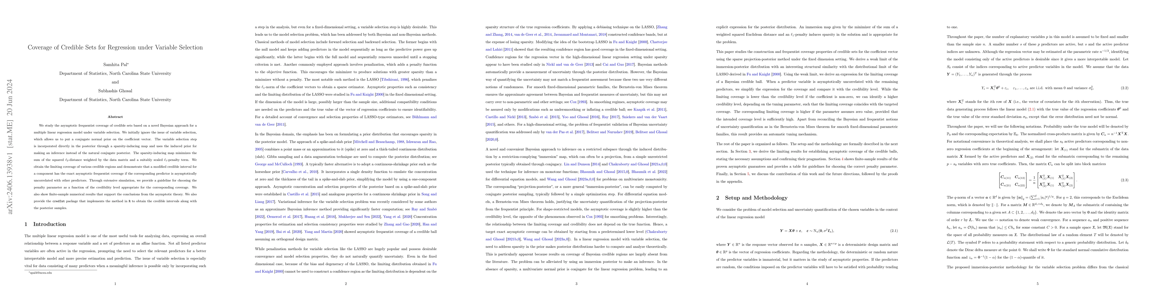 Thumbnail for Coverage of Credible Sets for Regression under Variable Selection