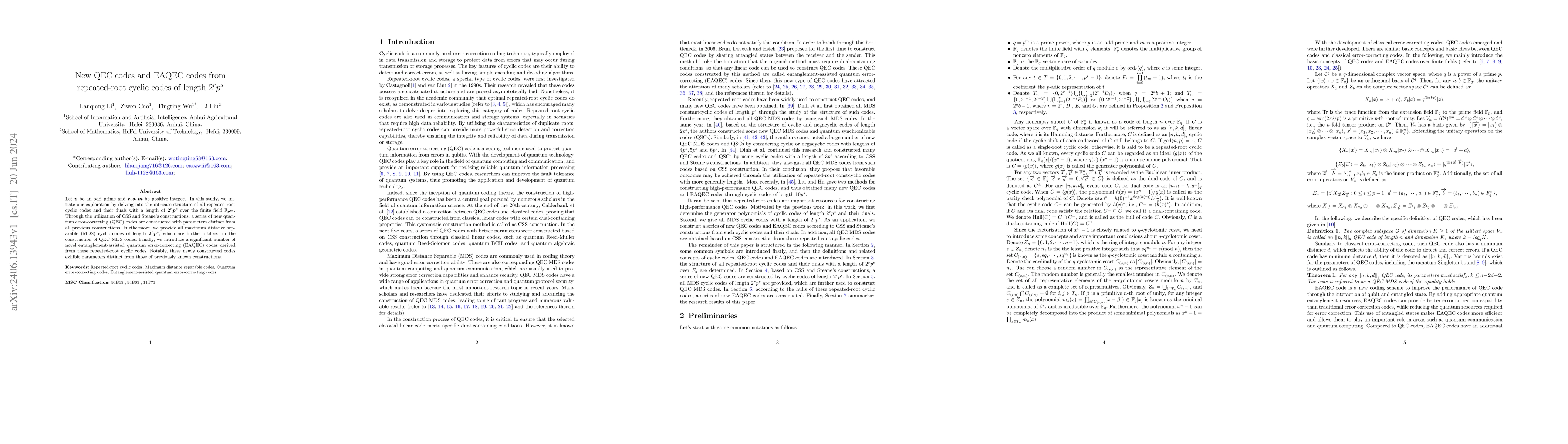 Thumbnail for New QEC codes and EAQEC codes from repeated-root cyclic codes of length
  $2^rp^s$