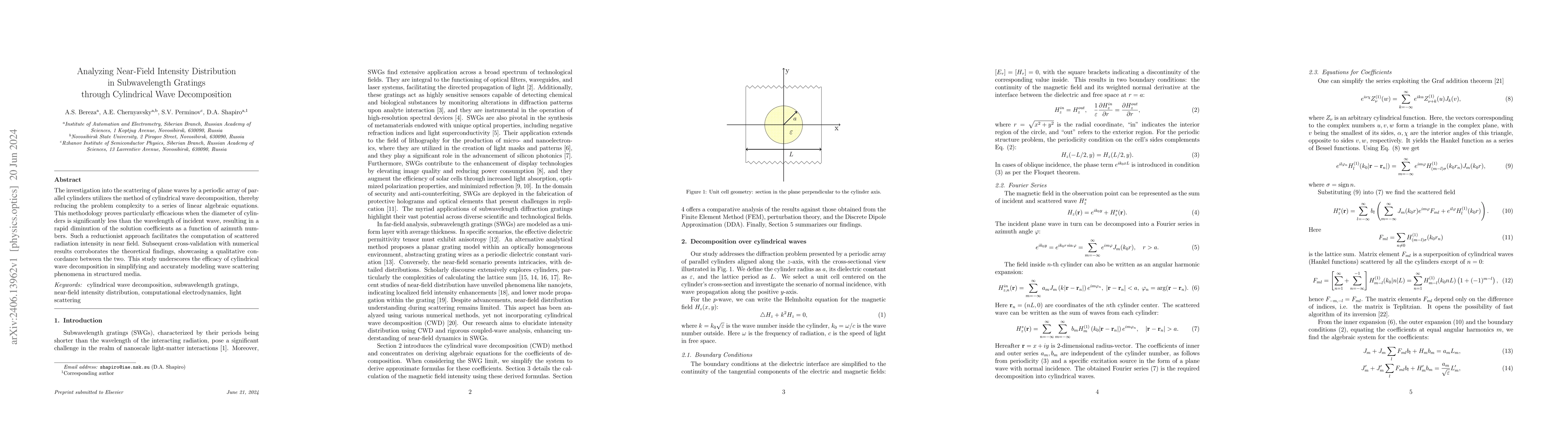 Thumbnail for Analyzing Near-Field Intensity Distribution in Subwavelength Gratings
  through Cylindrical Wave Decomposition