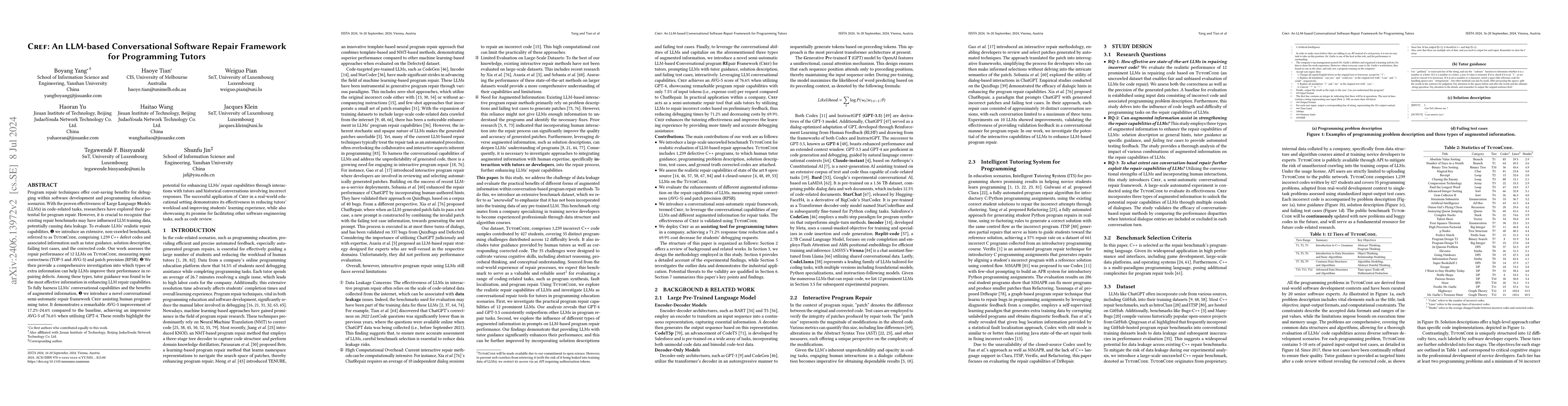 Thumbnail for CREF: An LLM-based Conversational Software Repair Framework for
  Programming Tutors