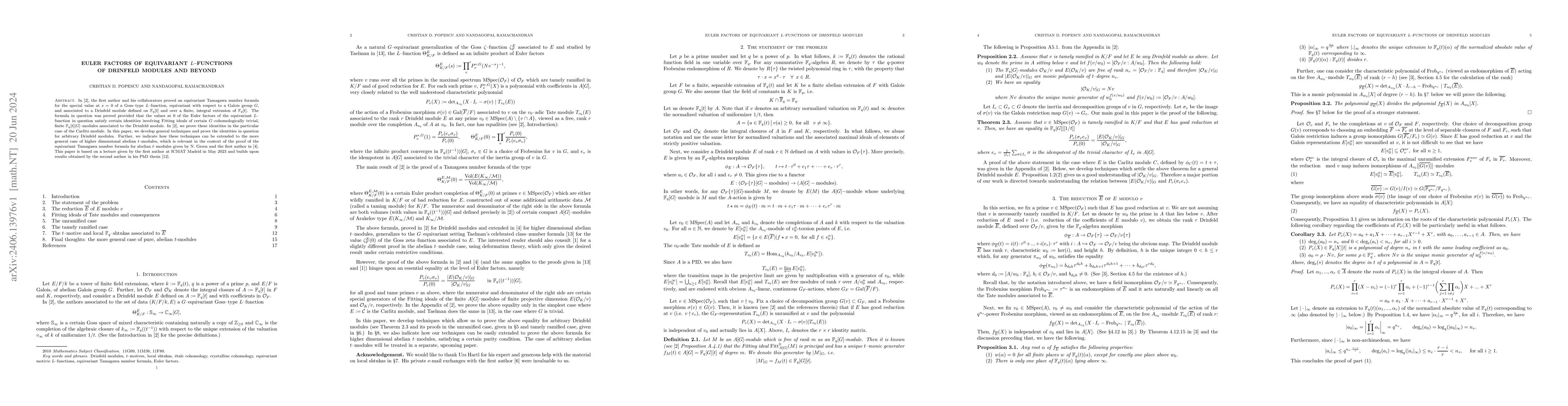 Thumbnail for Euler factors of equivariant $L$--functions of Drinfeld modules and
  beyond