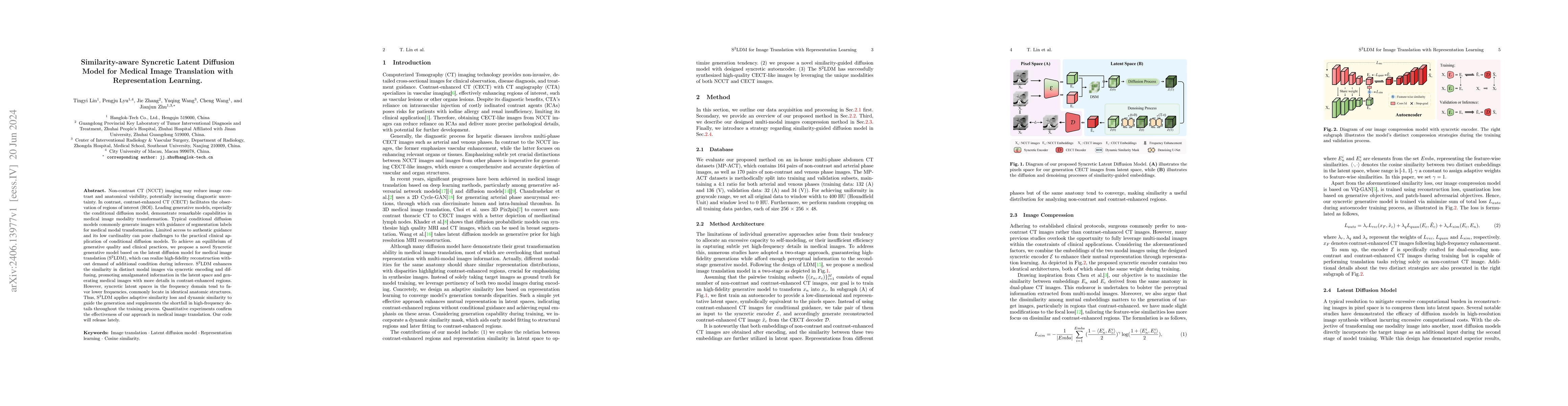 Thumbnail for Similarity-aware Syncretic Latent Diffusion Model for Medical Image
  Translation with Representation Learning