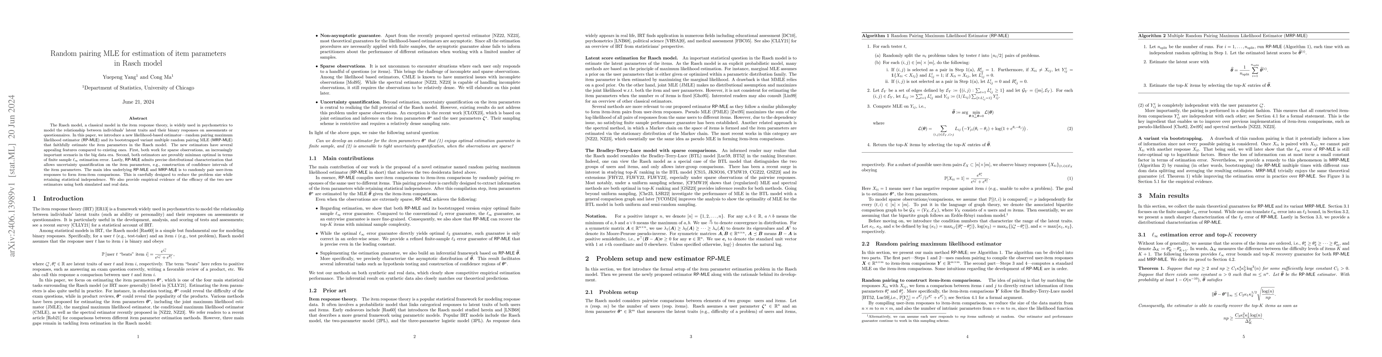 Thumbnail for Random pairing MLE for estimation of item parameters in Rasch model