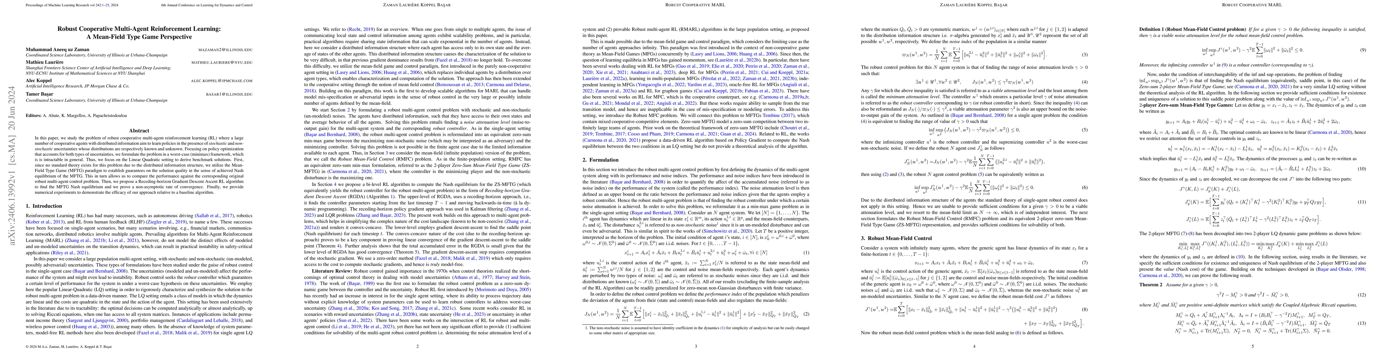 Thumbnail for Robust Cooperative Multi-Agent Reinforcement Learning:A Mean-Field Type
  Game Perspective