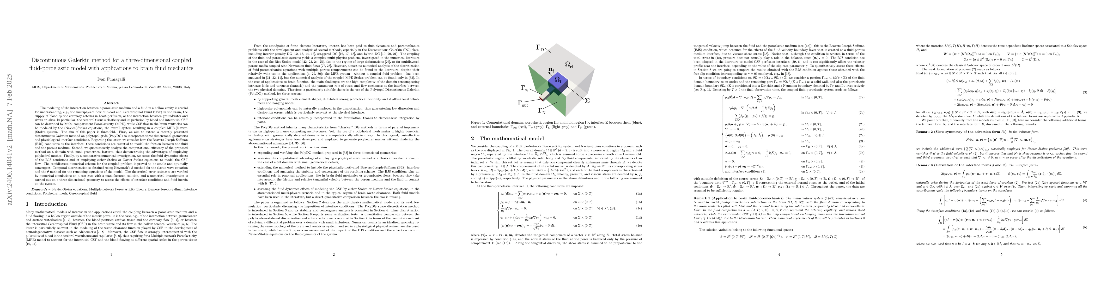 Thumbnail for Discontinuous Galerkin method for a three-dimensional coupled
  fluid-poroelastic model with applications to brain fluid mechanics