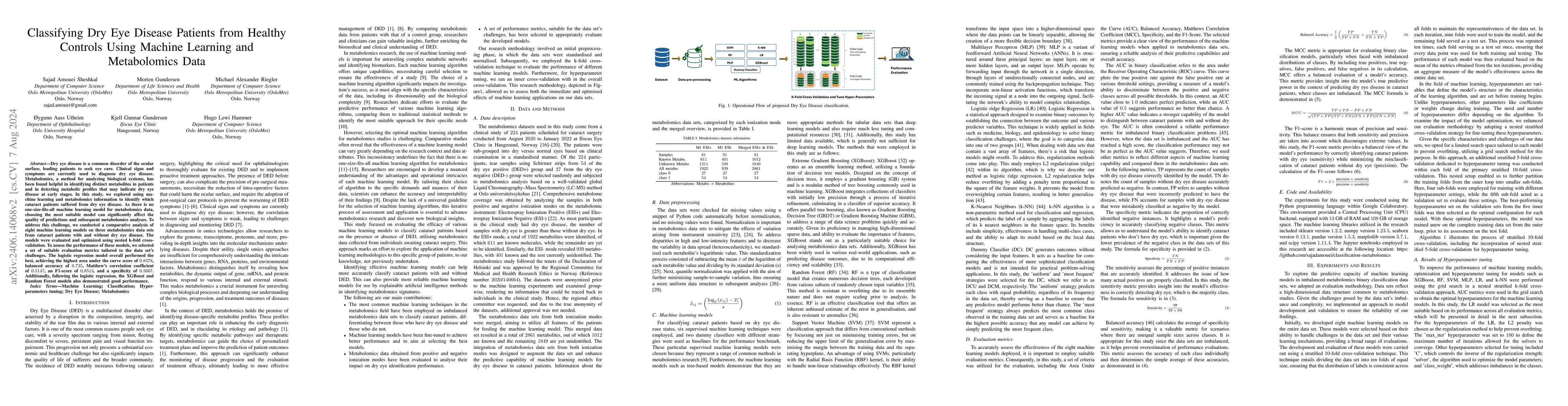 Thumbnail for Classifying Dry Eye Disease Patients from Healthy Controls Using Machine
  Learning and Metabolomics Data