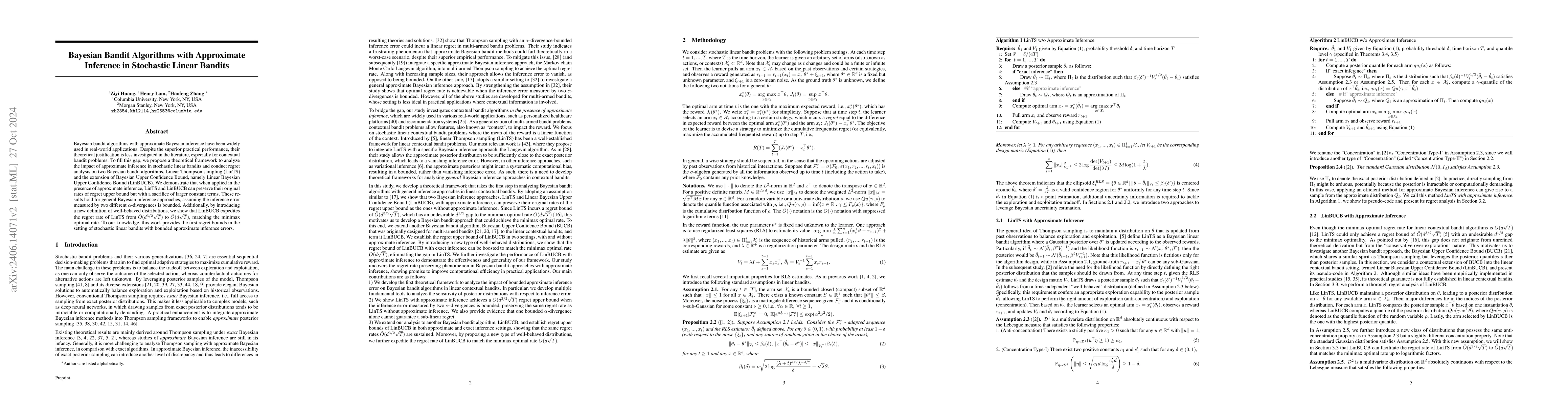 Thumbnail for Bayesian Bandit Algorithms with Approximate Inference in Stochastic
  Linear Bandits