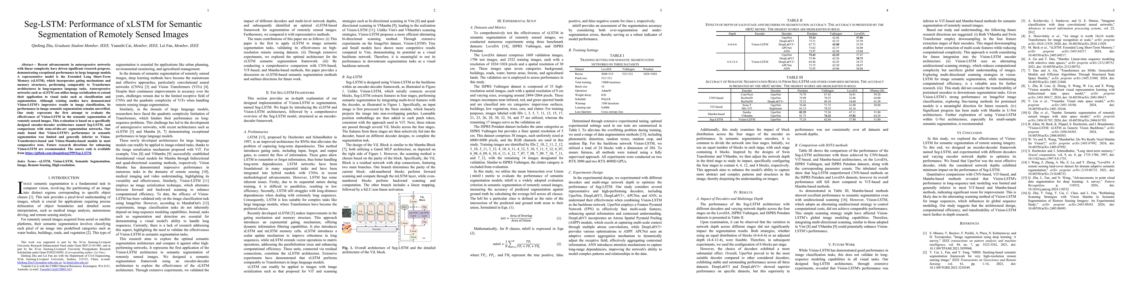 Thumbnail for Seg-LSTM: Performance of xLSTM for Semantic Segmentation of Remotely
  Sensed Images