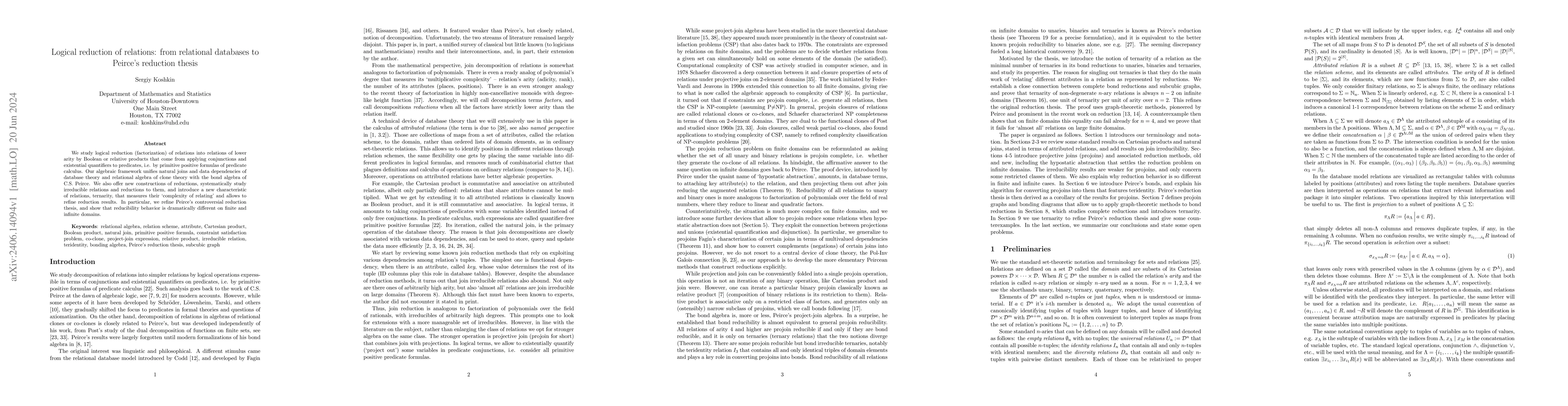 Thumbnail for Logical reduction of relations: from relational databases to Peirce's
  reduction thesis
