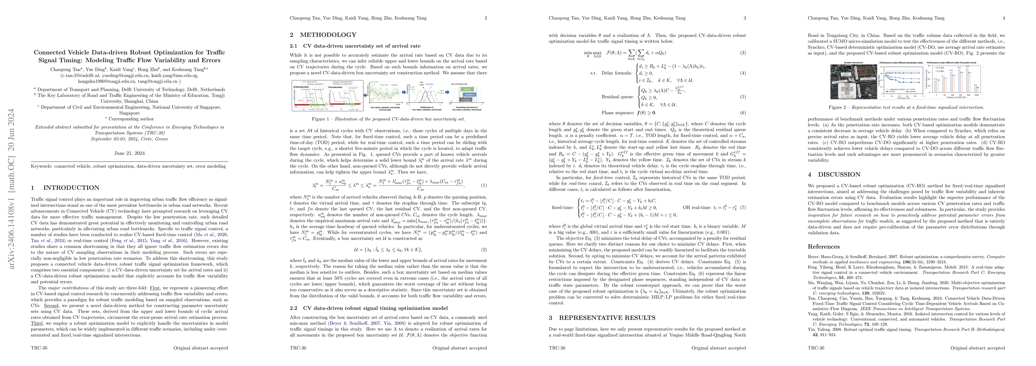 Thumbnail for Connected Vehicle Data-driven Robust Optimization for Traffic Signal
  Timing: Modeling Traffic Flow Variability and Errors