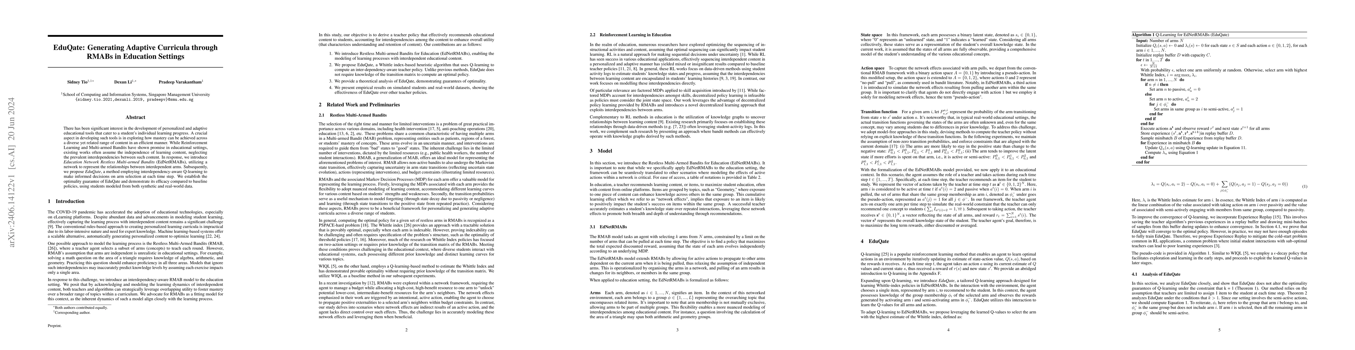 Thumbnail for EduQate: Generating Adaptive Curricula through RMABs in Education
  Settings