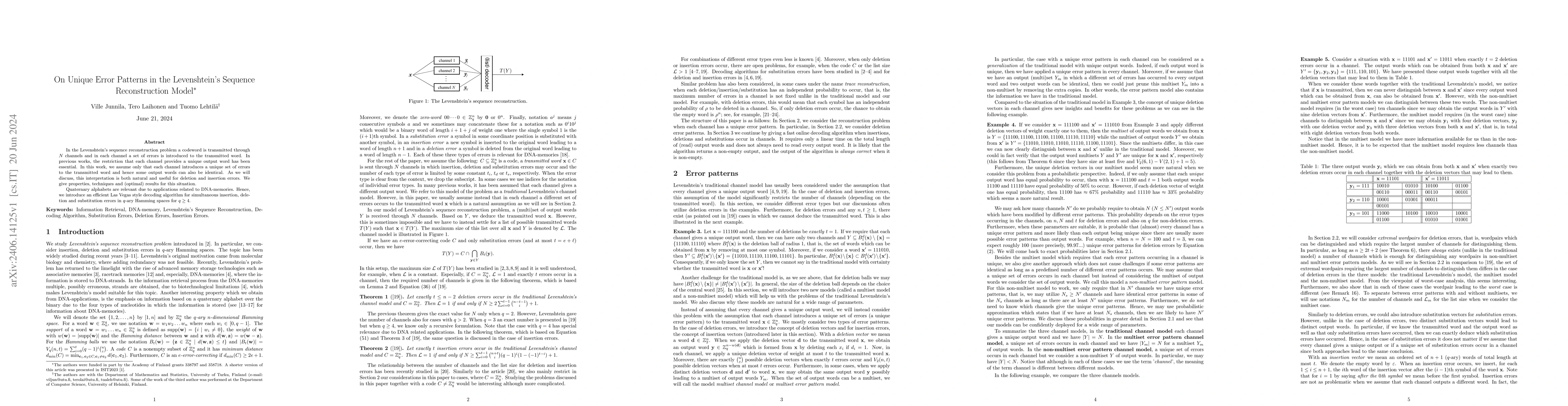 Thumbnail for On Unique Error Patterns in the Levenshtein's Sequence Reconstruction
  Model