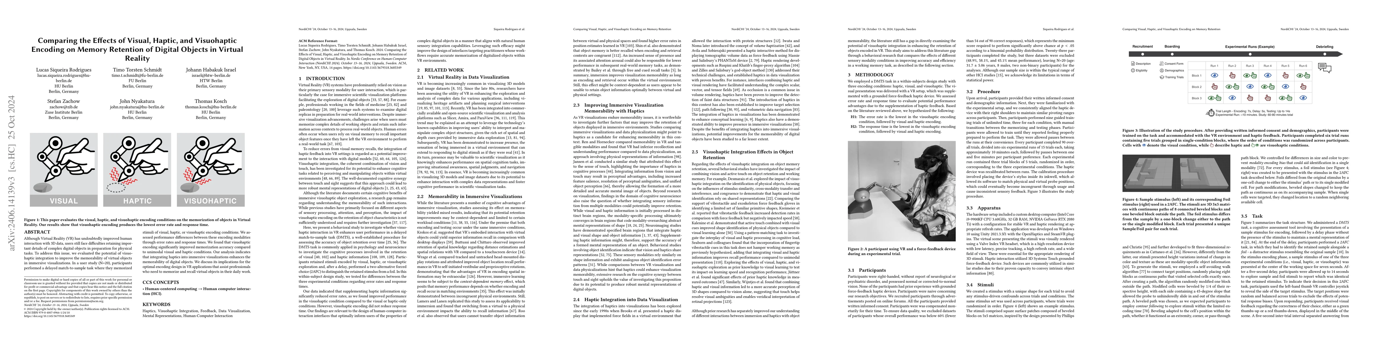Thumbnail for Comparing the Effects of Visual, Haptic, and Visuohaptic Encoding on
  Memory Retention of Digital Objects in Virtual Reality