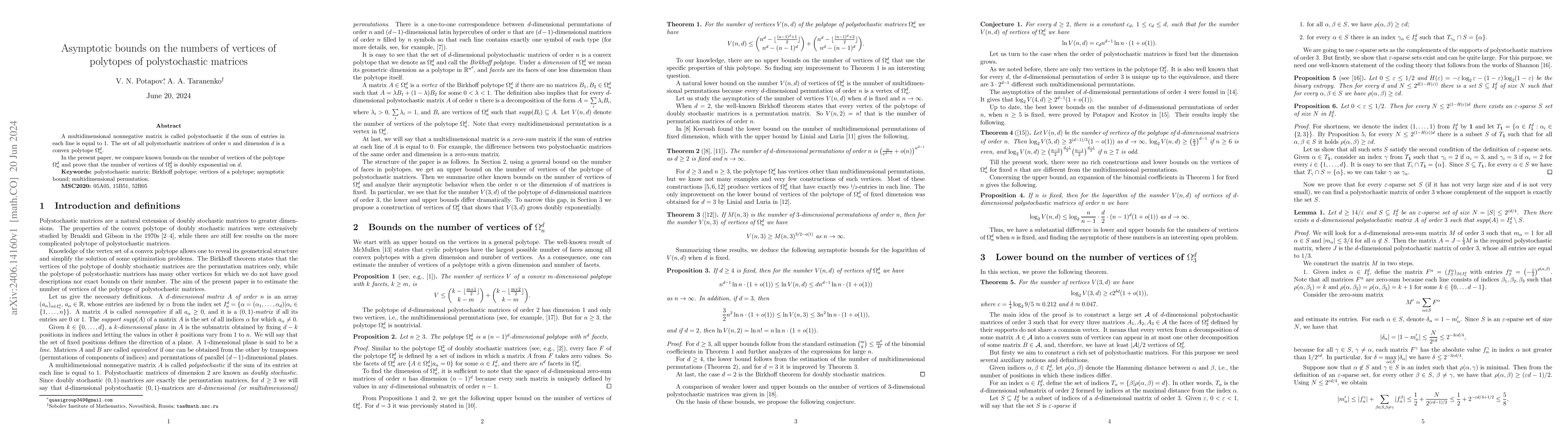 Thumbnail for Asymptotic bounds on the numbers of vertices of polytopes of
  polystochastic matrices