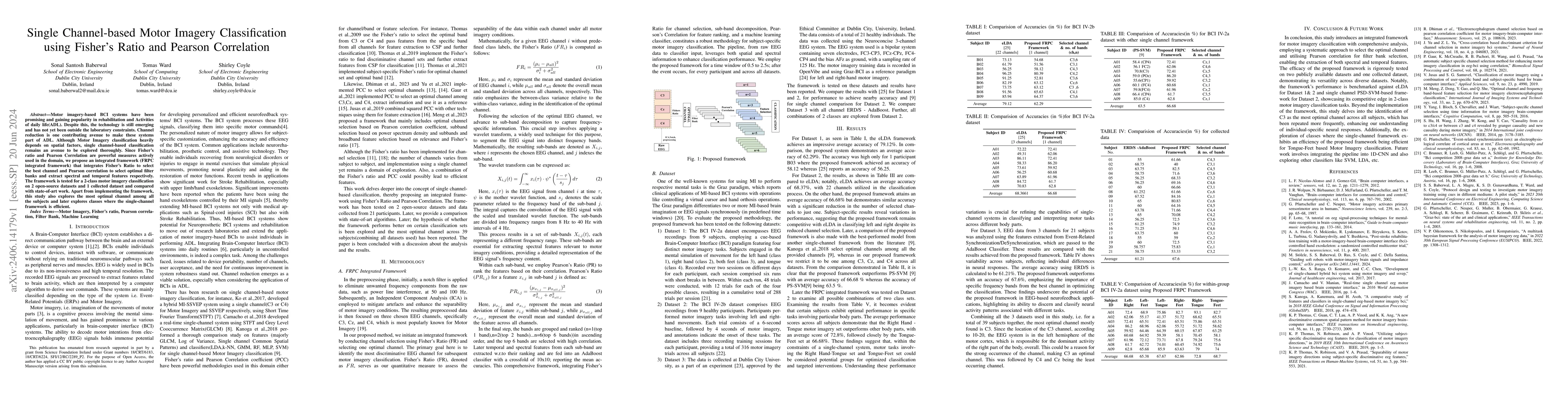 Thumbnail for Single Channel-based Motor Imagery Classification using Fisher's Ratio
  and Pearson Correlation