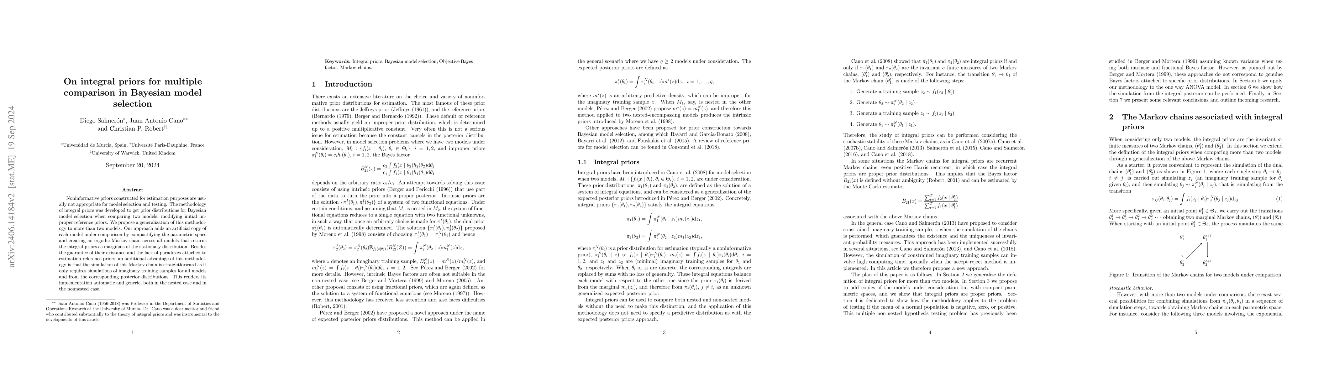 Thumbnail for On integral priors for multiple comparison in Bayesian model selection