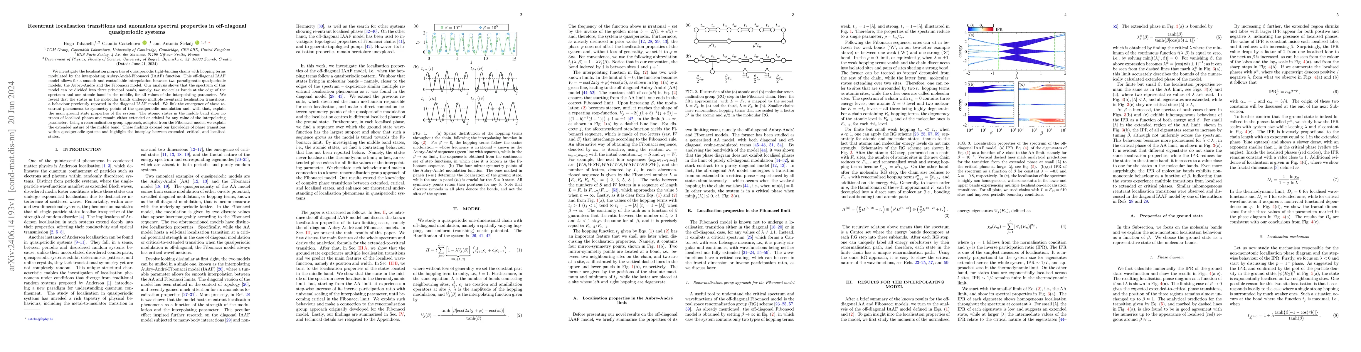 Thumbnail for Reentrant localisation transitions and anomalous spectral properties in
  off-diagonal quasiperiodic systems