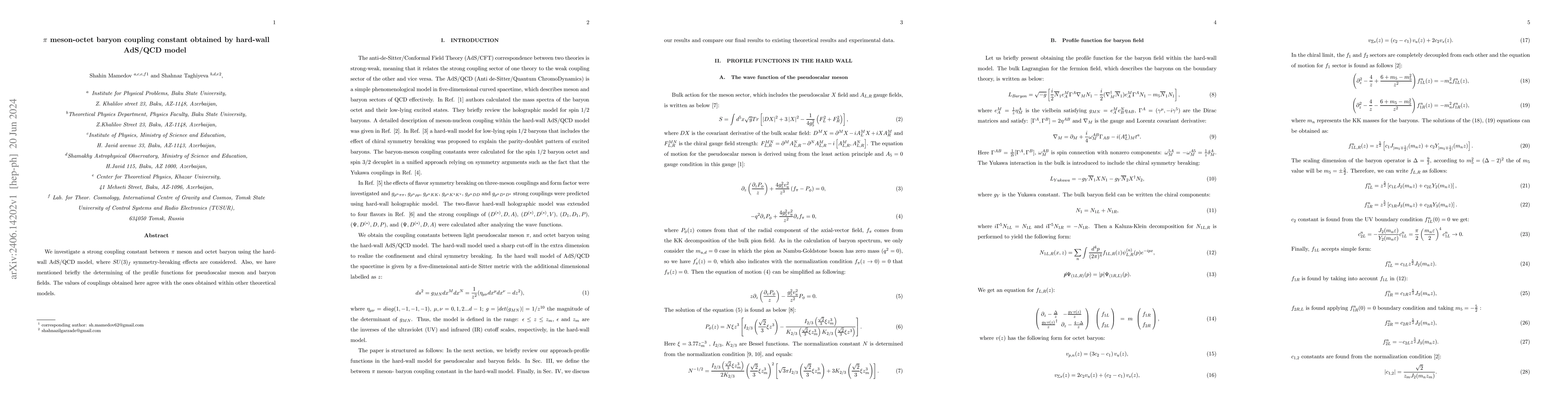 Thumbnail for {\pi} Meson-Octet Baryon Coupling Constant Obtained by Hard-Wall AdS/QCD
  Model