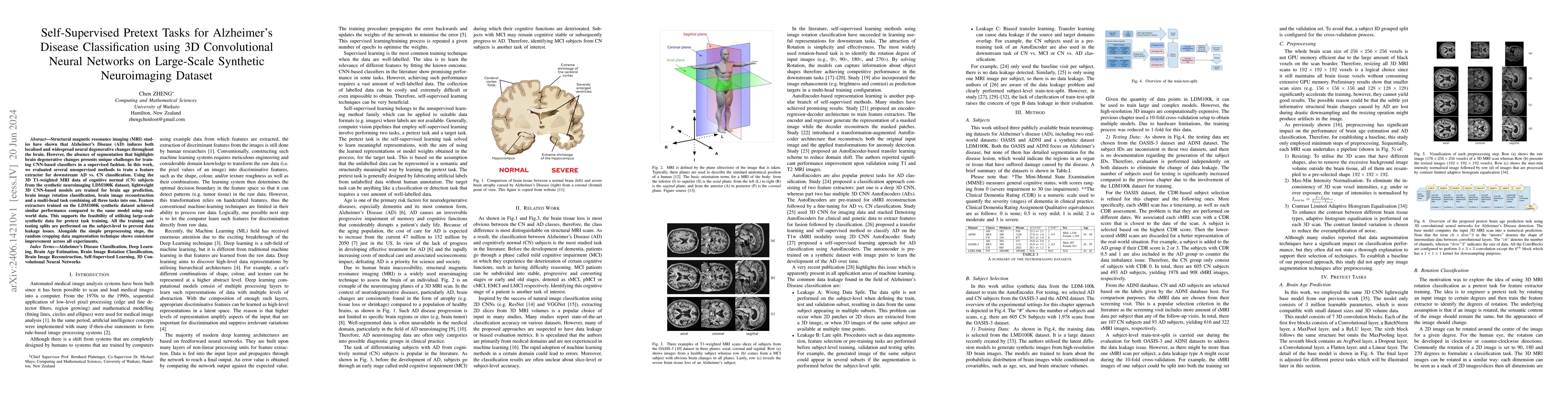 Thumbnail for Self-Supervised Pretext Tasks for Alzheimer's Disease Classification
  using 3D Convolutional Neural Networks on Large-Scale Synthetic Neuroimaging
  Dataset