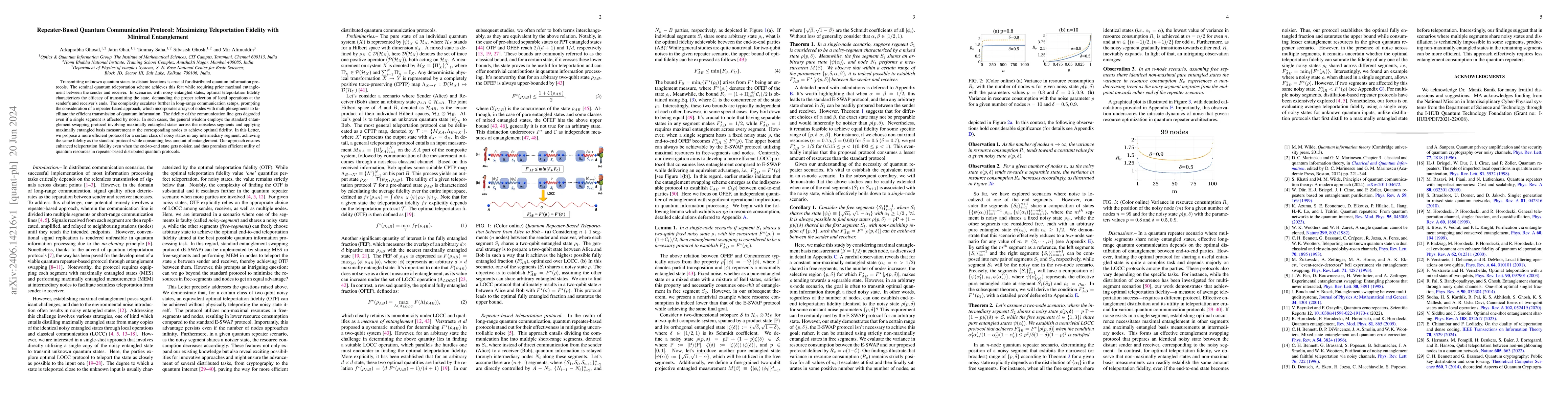 Thumbnail for Repeater-Based Quantum Communication Protocol: Maximizing Teleportation
  Fidelity with Minimal Entanglement