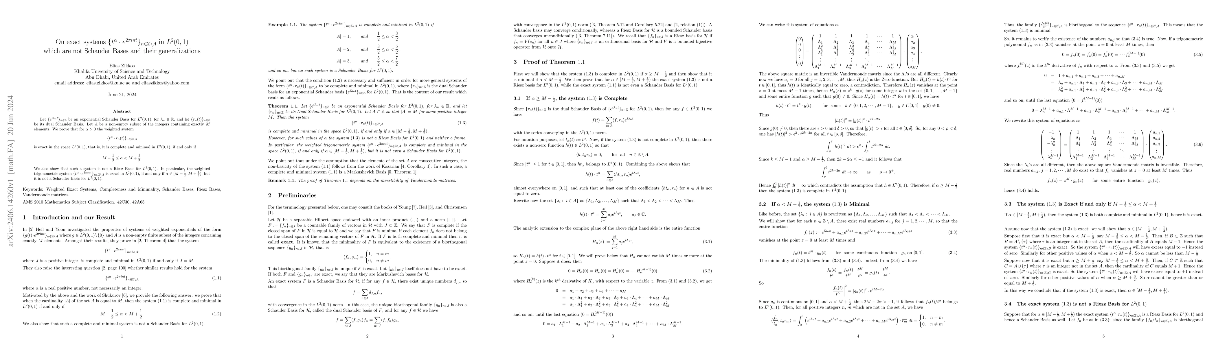 Thumbnail for On exact systems $\{t^{\alpha}\cdot e^{2\pi i
  nt}\}_{n\in\mathbb{Z}\setminus A}$ in $L^2 (0,1)$ which are not Schauder
  Bases and their generalizations