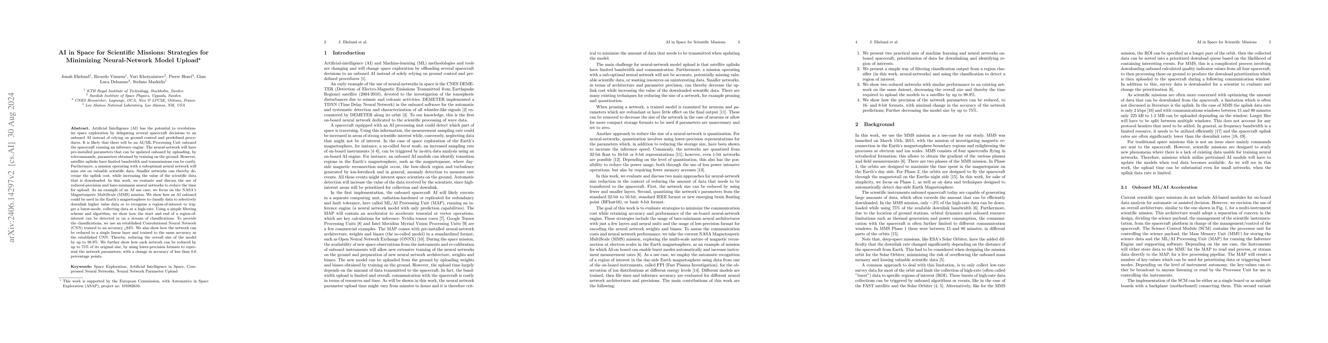 Thumbnail for AI in Space for Scientific Missions: Strategies for Minimizing
  Neural-Network Model Upload