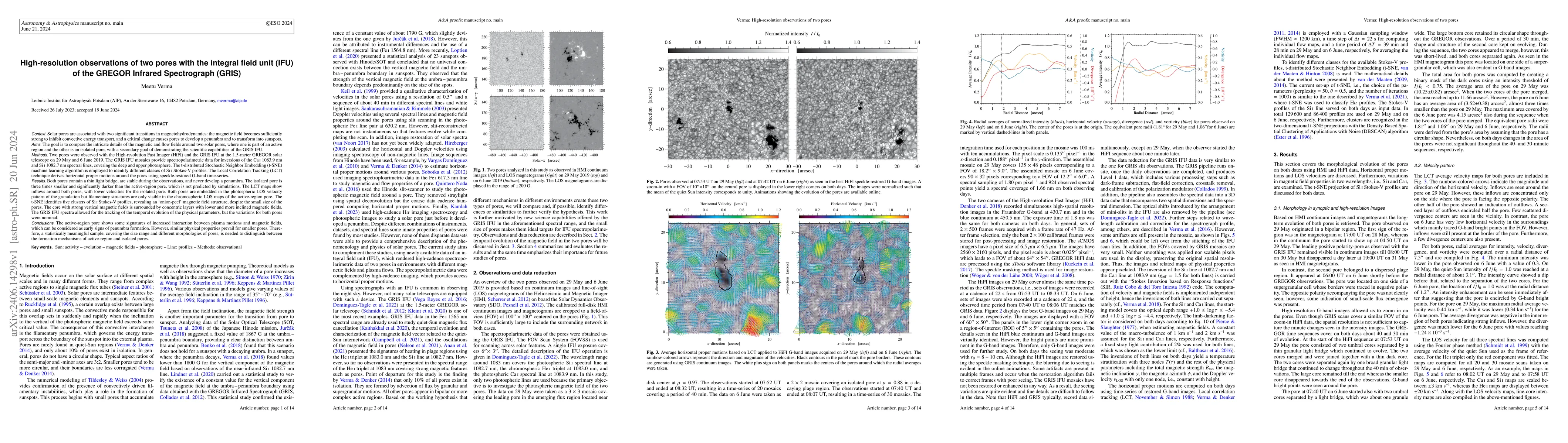 Thumbnail for High-resolution observations of two pores with the integral field unit
  (IFU) of the GREGOR Infrared Spectrograph (GRIS)