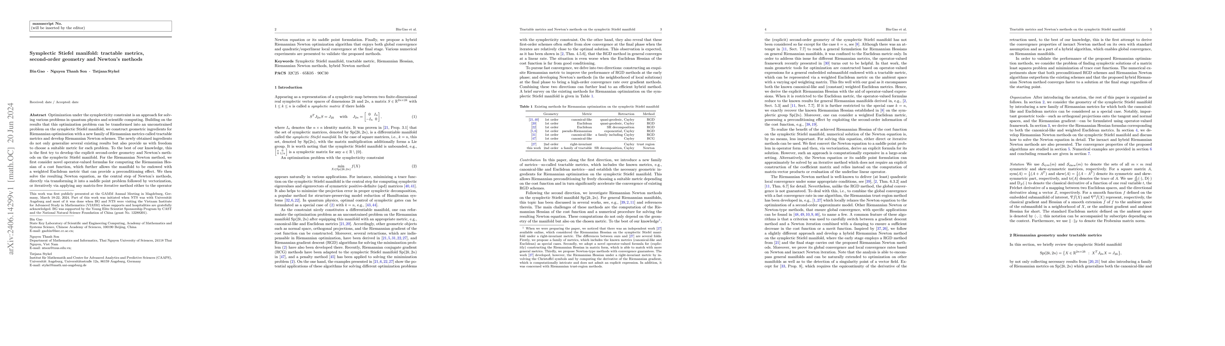 Thumbnail for Symplectic Stiefel manifold: tractable metrics, second-order geometry
  and Newton's methods