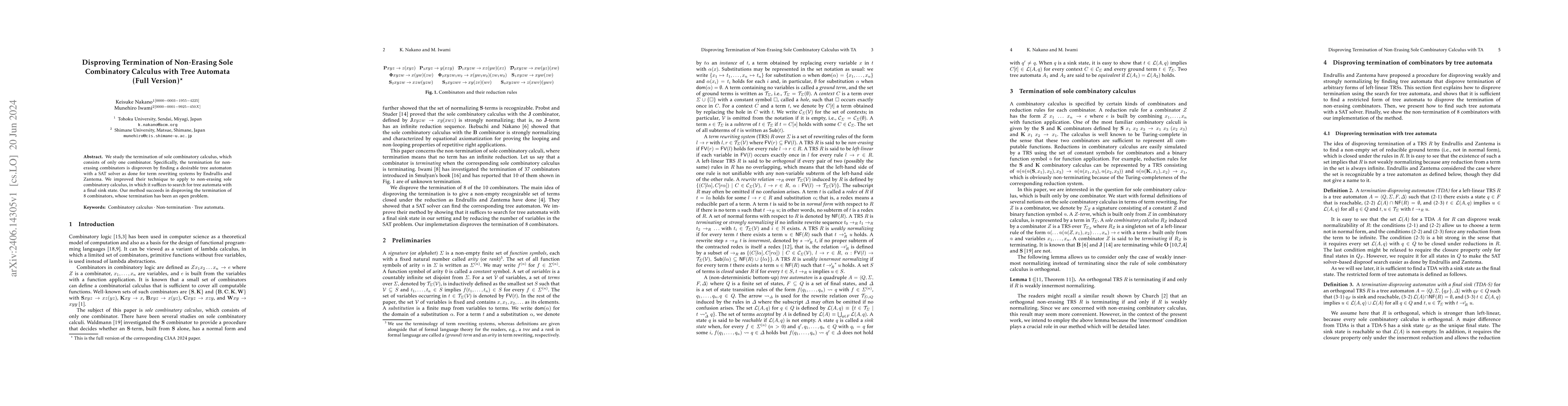 Thumbnail for Disproving Termination of Non-Erasing Sole Combinatory Calculus with
  Tree Automata (Full Version)