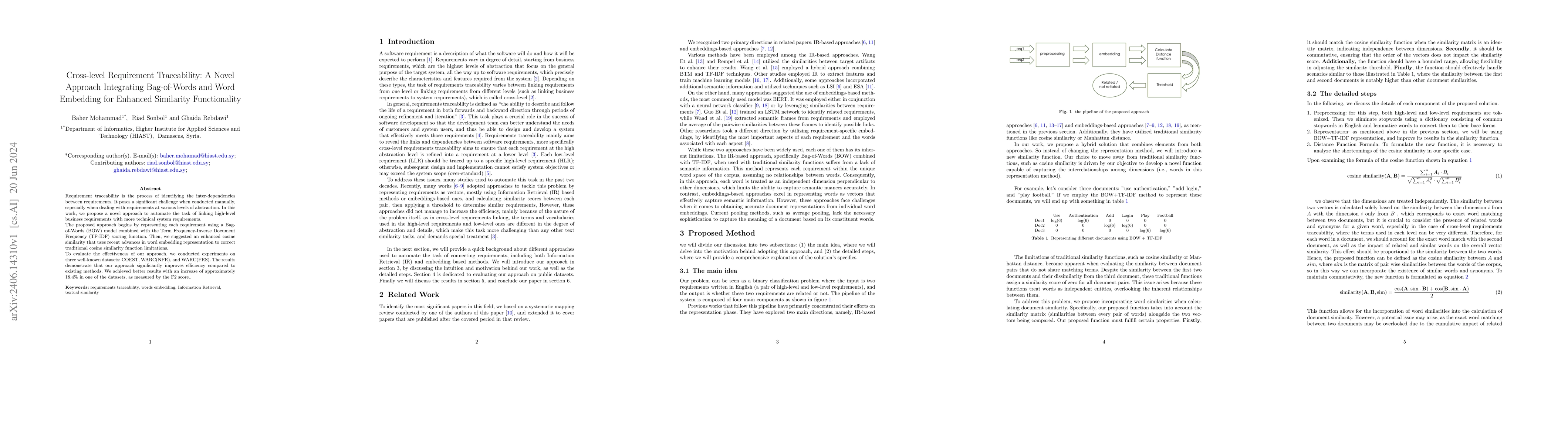 Thumbnail for Cross-level Requirement Traceability: A Novel Approach Integrating
  Bag-of-Words and Word Embedding for Enhanced Similarity Functionality