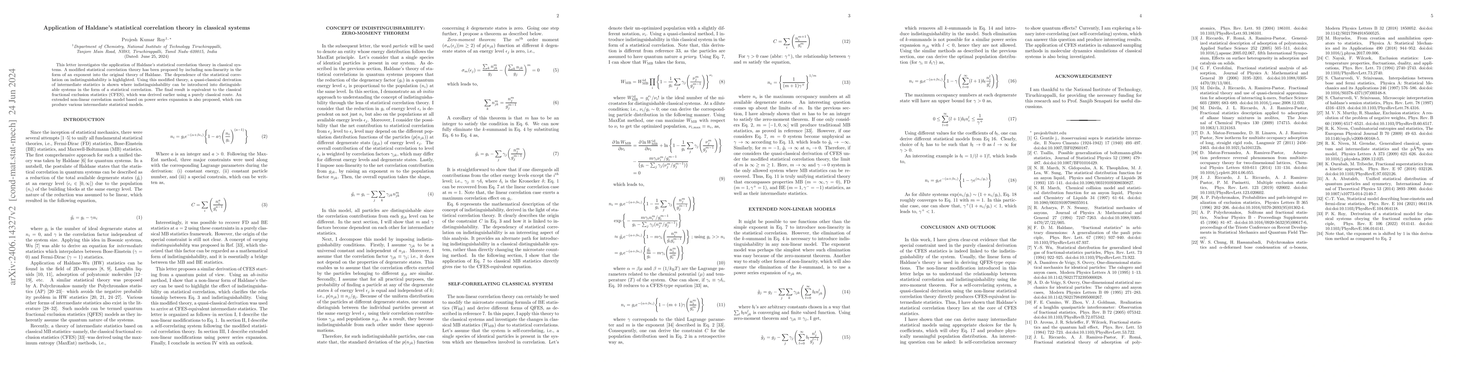 Thumbnail for Application of Haldane's statistical correlation theory in classical
  systems