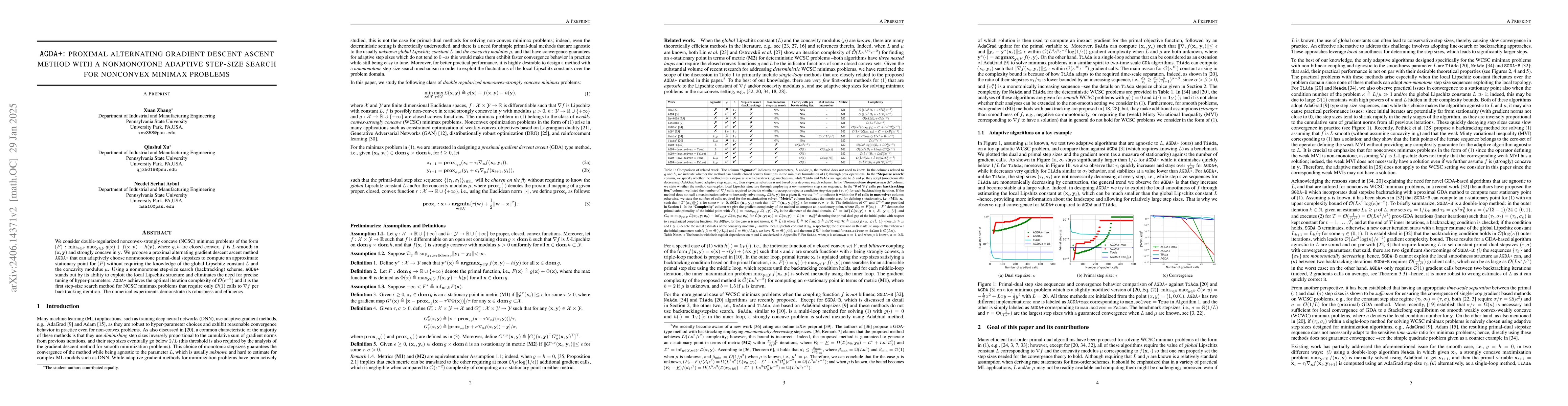 Thumbnail for AGDA+: Proximal Alternating Gradient Descent Ascent Method With a
  Nonmonotone Adaptive Step-Size Search For Nonconvex Minimax Problems
