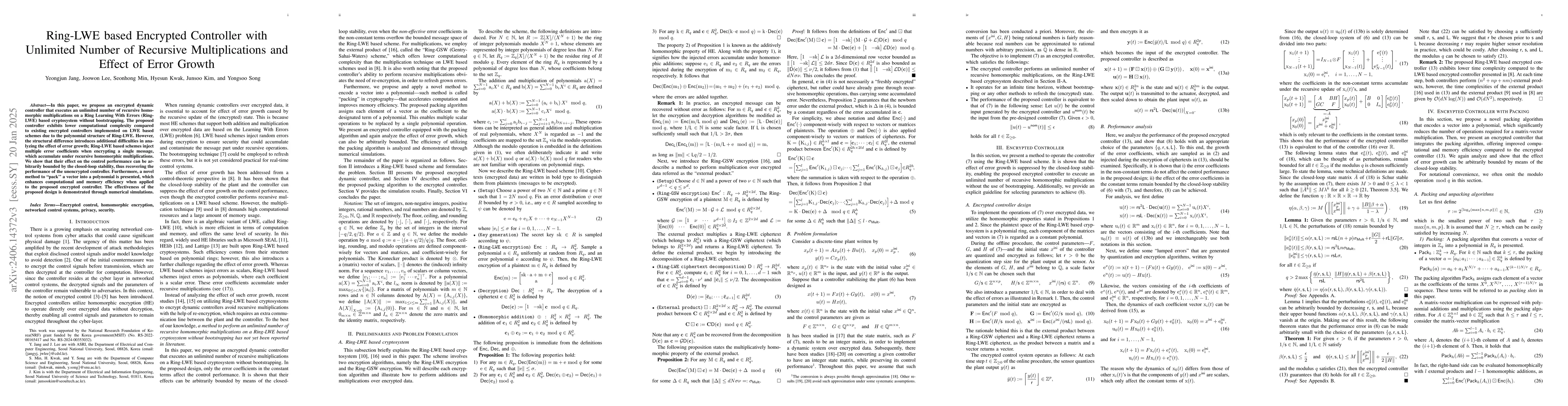 Thumbnail for Ring-LWE based encrypted controller with unlimited number of recursive
  multiplications and effect of error growth